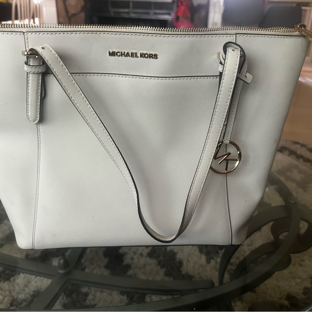 Michael Kors White Leather Tote with Silver Hardware